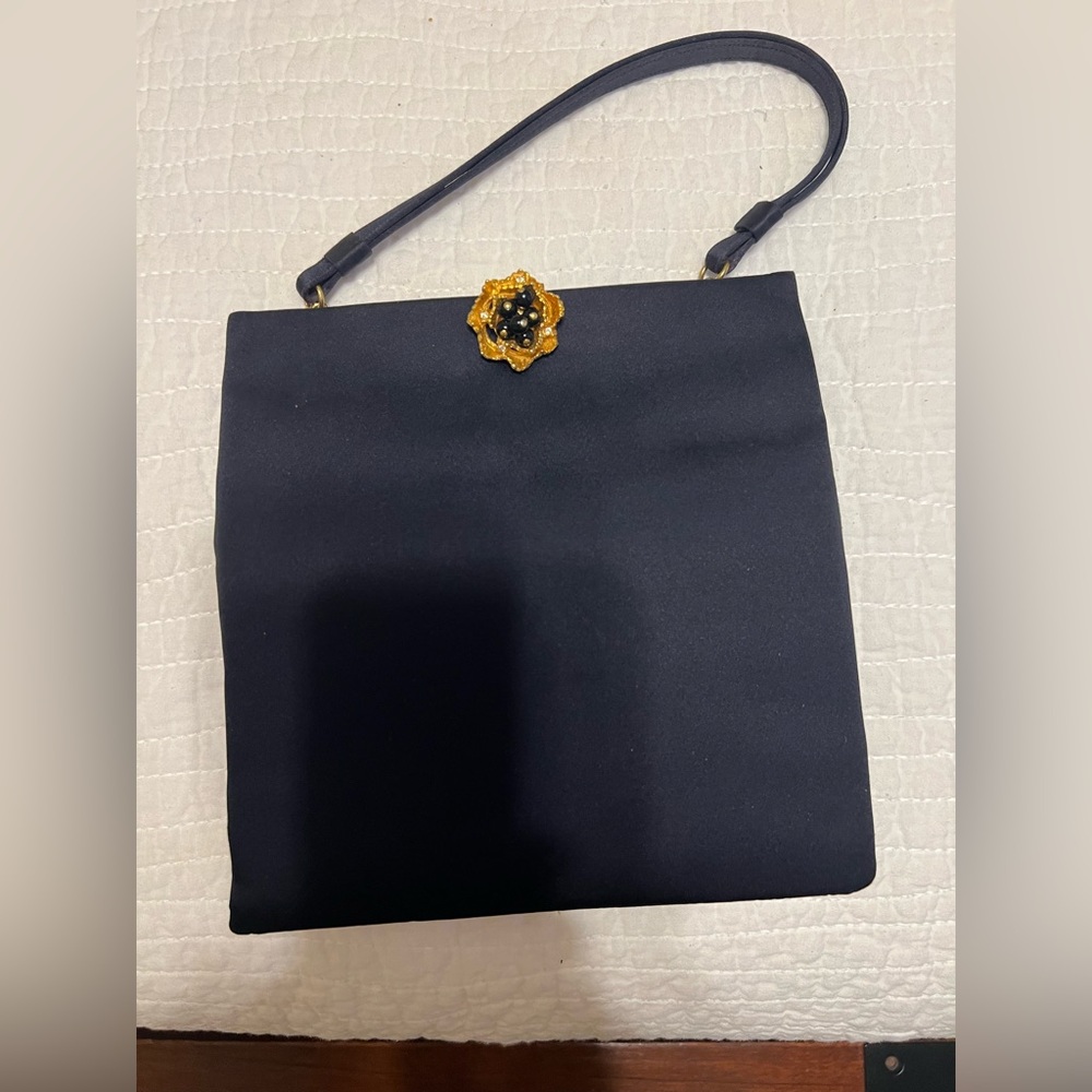 Elegant Vintage Blue Silk Handbag with Gold Accent